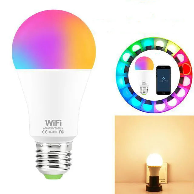 15W WiFi smart LED light bulb with E27 and B22 base options for colour changing and voice control.