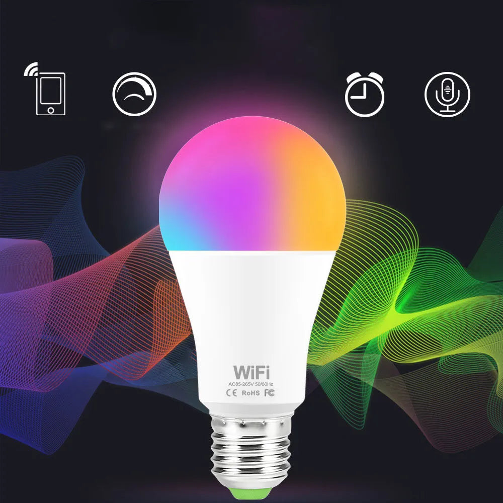 15W WiFi smart LED light bulb with E27 and B22 base options for colour changing and voice control.
