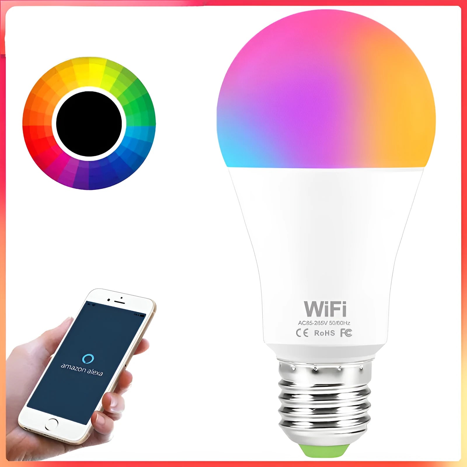 15W WiFi smart LED light bulb with E27 and B22 base options for colour changing and voice control.