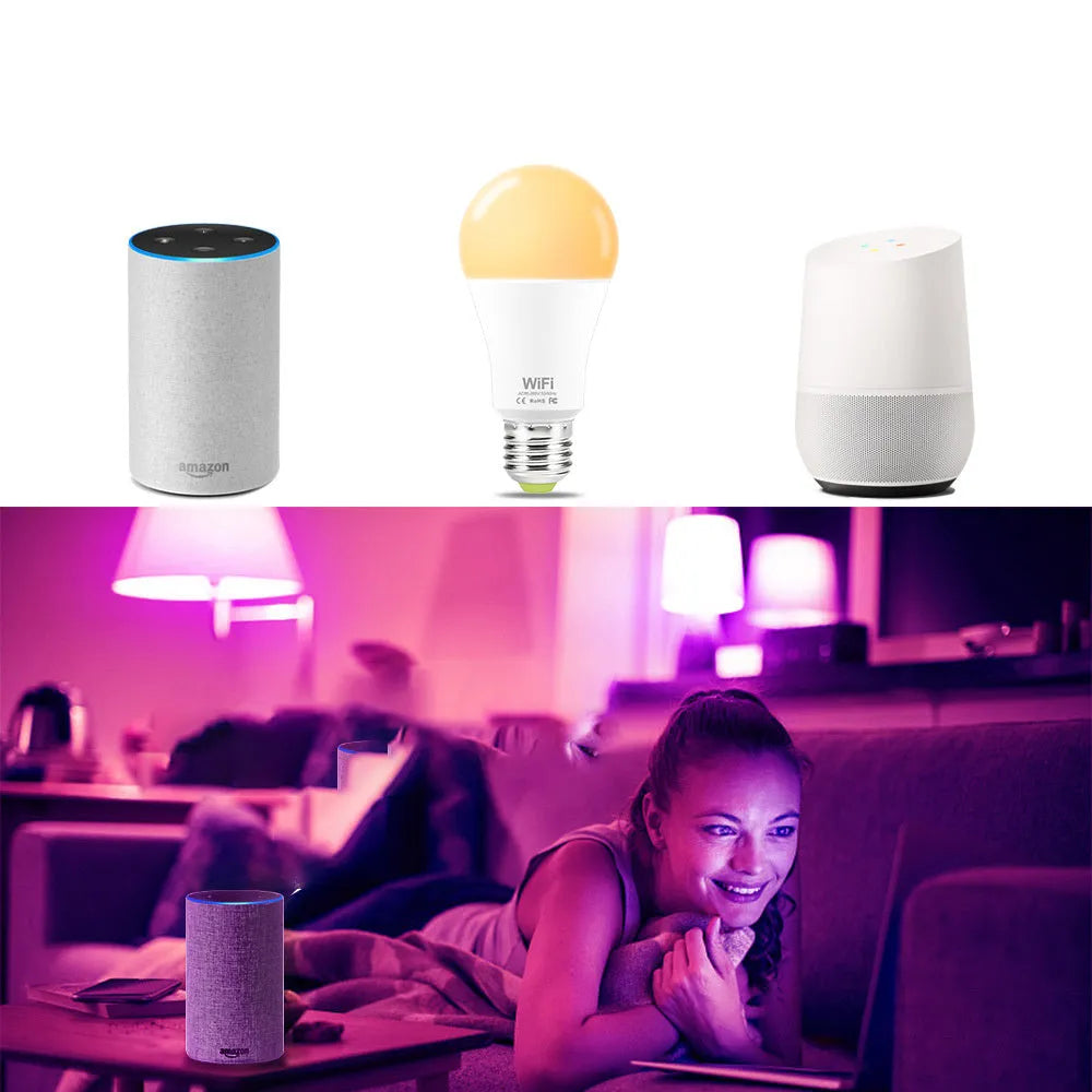 15W WiFi smart LED light bulb with E27 and B22 base options for colour changing and voice control.