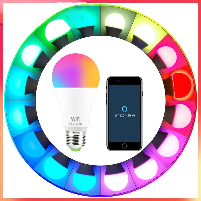 15W WiFi smart LED light bulb with E27 and B22 base options for colour changing and voice control.