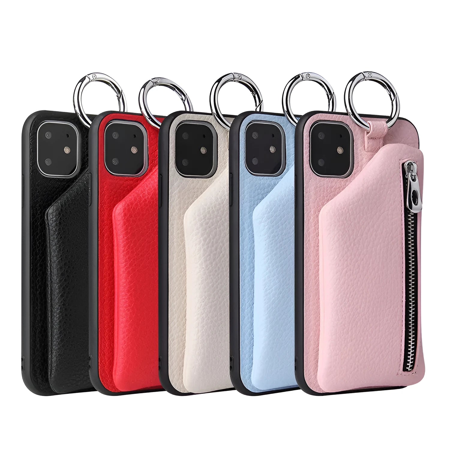 PU leather phone case wallet with attached lanyard strap in solid colour, showing card slots.