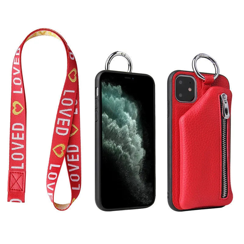 PU leather phone case wallet with attached lanyard strap in solid colour, showing card slots.