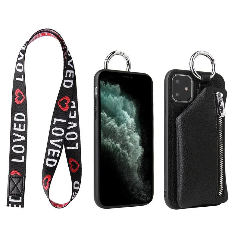 PU leather phone case wallet with attached lanyard strap in solid colour, showing card slots.