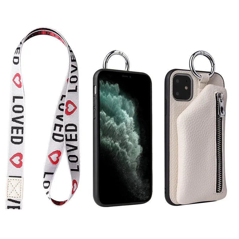PU leather phone case wallet with attached lanyard strap in solid colour, showing card slots.