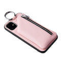 PU leather phone case wallet with attached lanyard strap in solid colour, showing card slots.