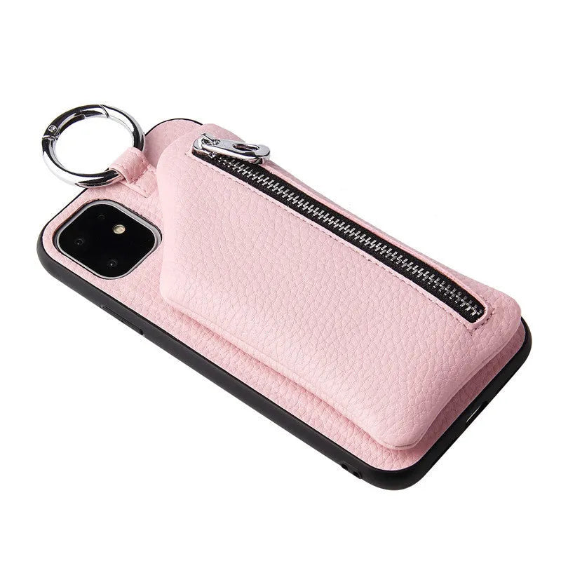 PU leather phone case wallet with attached lanyard strap in solid colour, showing card slots.