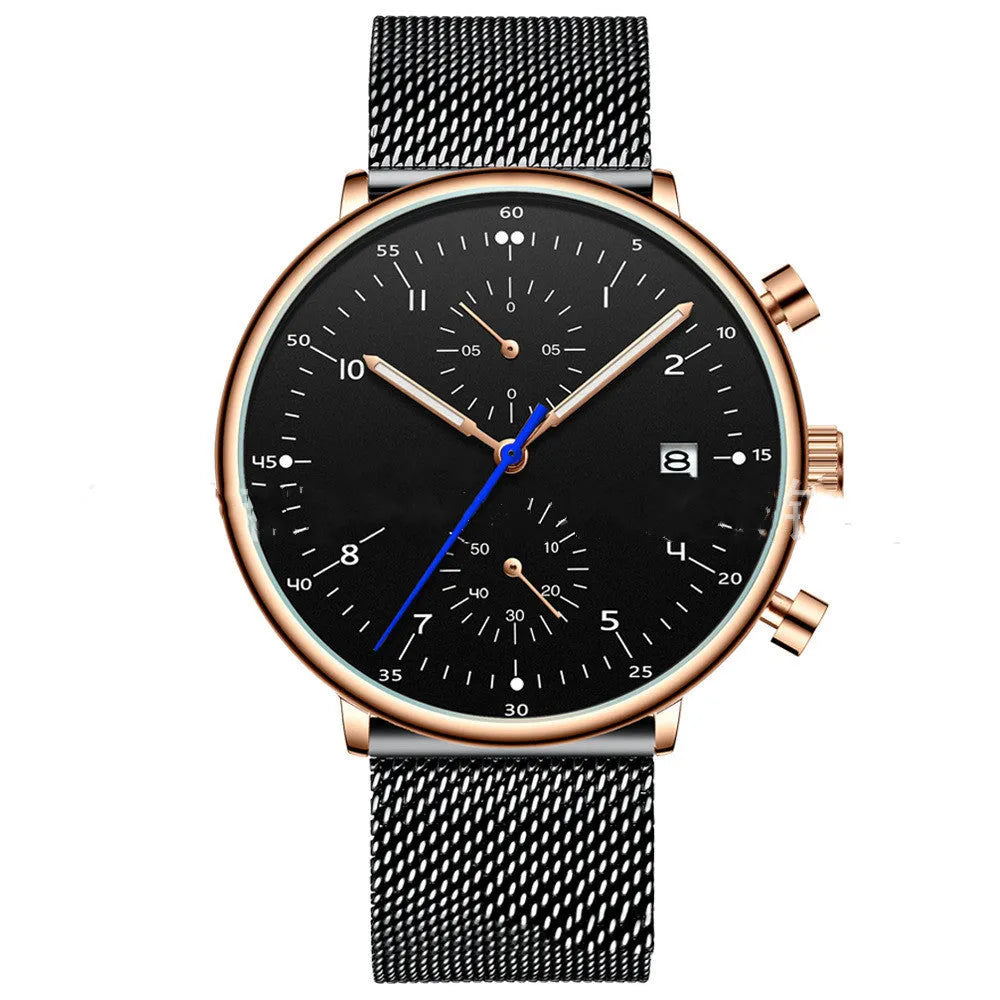 Mens quartz wristwatch with round dial, alloy case and strap, blue and rose colour combination