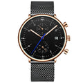 Mens quartz wristwatch with round dial, alloy case and strap, blue and rose colour combination