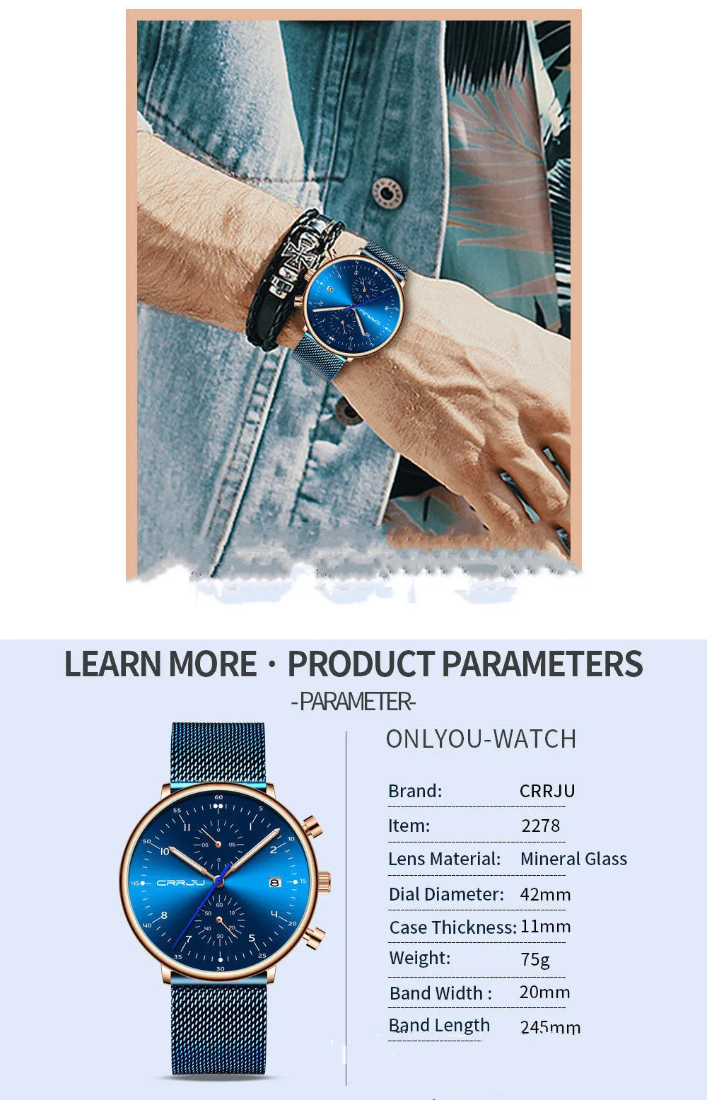 Mens quartz wristwatch with round dial, alloy case and strap, blue and rose colour combination