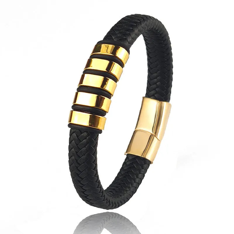 Custom family name bracelet with leather strap, titanium and stainless steel geometric charm, black finish, double-safety-clasps