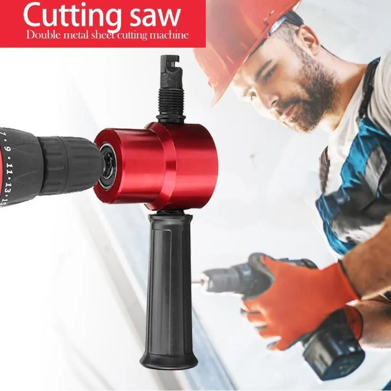 Red metal nibbler attachment with 360-degree head for cutting metal sheets using a drill