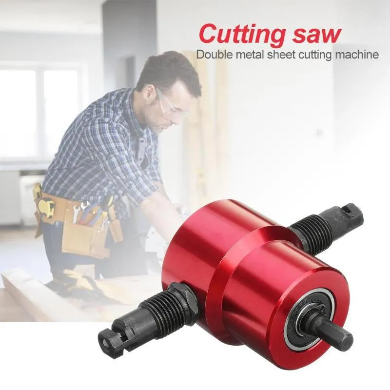 Red metal nibbler attachment with 360-degree head for cutting metal sheets using a drill