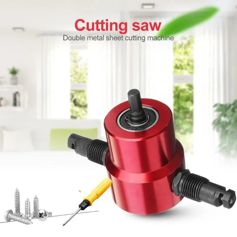 Red metal nibbler attachment with 360-degree head for cutting metal sheets using a drill