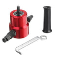 Red metal nibbler attachment with 360-degree head for cutting metal sheets using a drill