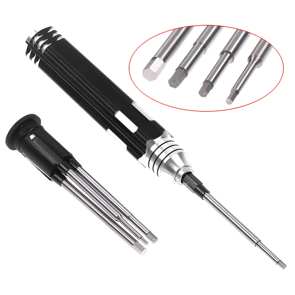 Hexagon socket four-in-one screwdriver set with high-speed white steel bits and black aluminium carbon steel handle including 1.5mm, 2.0mm, 2.5mm, and 3.0mm sizes