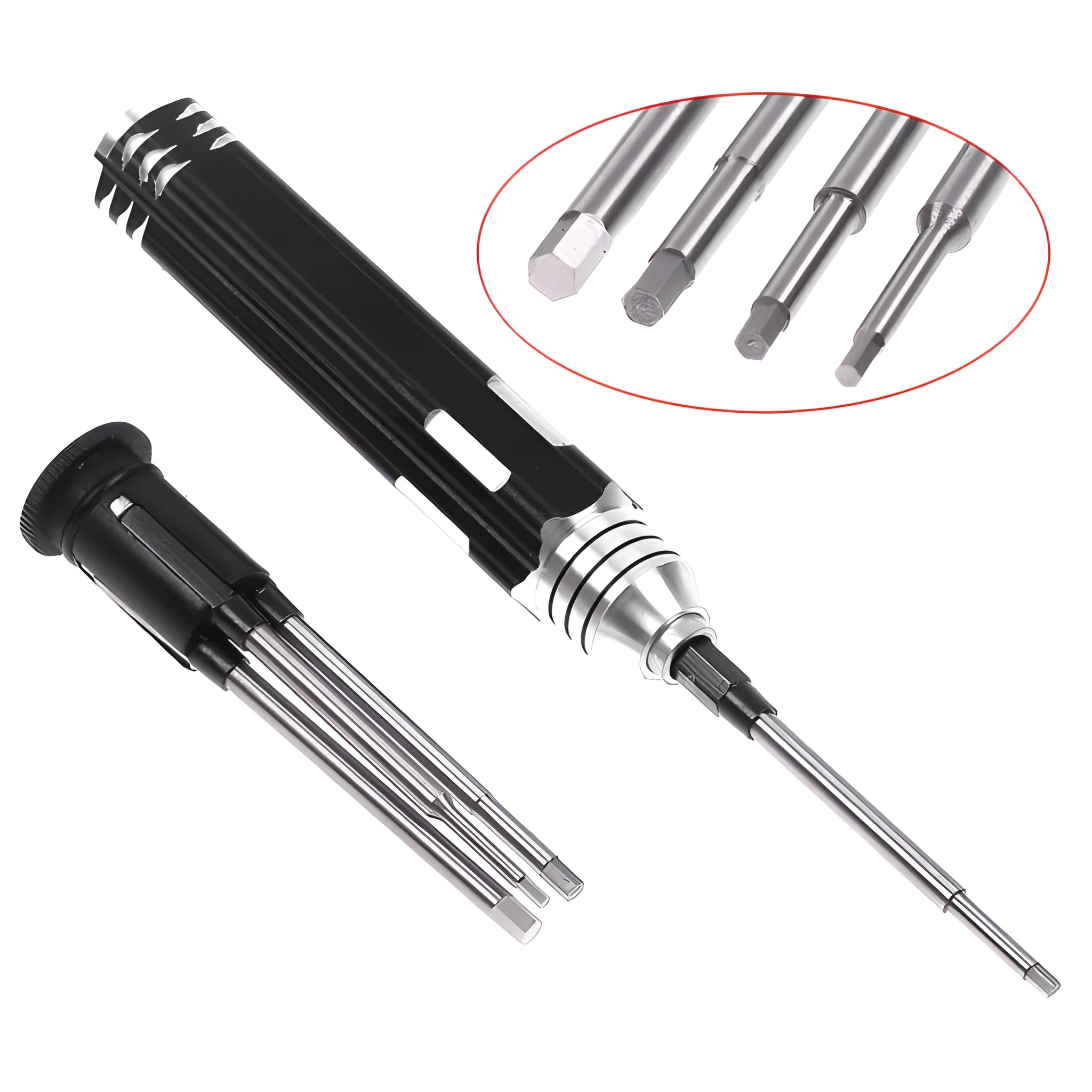Hexagon socket four-in-one screwdriver set with high-speed white steel bits and black aluminium carbon steel handle including 1.5mm, 2.0mm, 2.5mm, and 3.0mm sizes