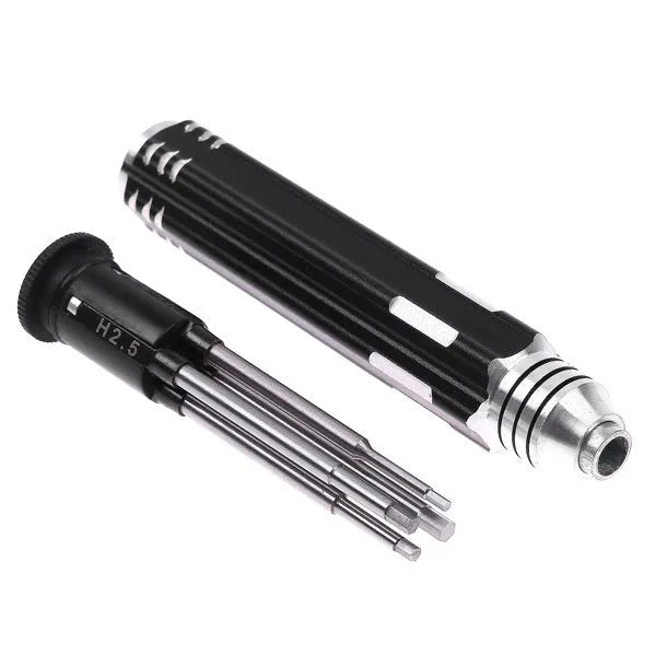 Hexagon socket four-in-one screwdriver set with high-speed white steel bits and black aluminium carbon steel handle including 1.5mm, 2.0mm, 2.5mm, and 3.0mm sizes
