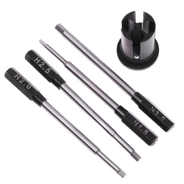Hexagon socket four-in-one screwdriver set with high-speed white steel bits and black aluminium carbon steel handle including 1.5mm, 2.0mm, 2.5mm, and 3.0mm sizes