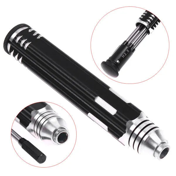 Hexagon socket four-in-one screwdriver set with high-speed white steel bits and black aluminium carbon steel handle including 1.5mm, 2.0mm, 2.5mm, and 3.0mm sizes