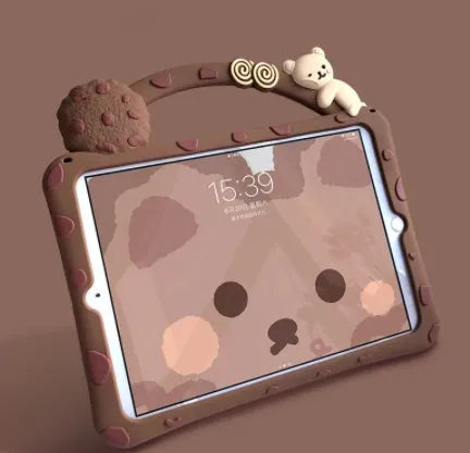 Brown cartoon-style silicone iPad case shown with integrated bracket stand deployed.