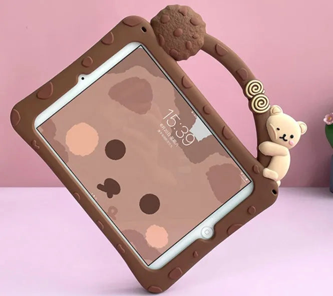 Brown cartoon-style silicone iPad case shown with integrated bracket stand deployed.