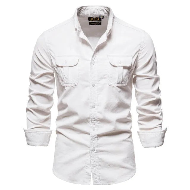 Men's linen long sleeve shirt in multiple colour options including denim blue, army green, brown, grey, navy, red, white, and yellow