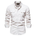 Men's linen long sleeve shirt in multiple colour options including denim blue, army green, brown, grey, navy, red, white, and yellow