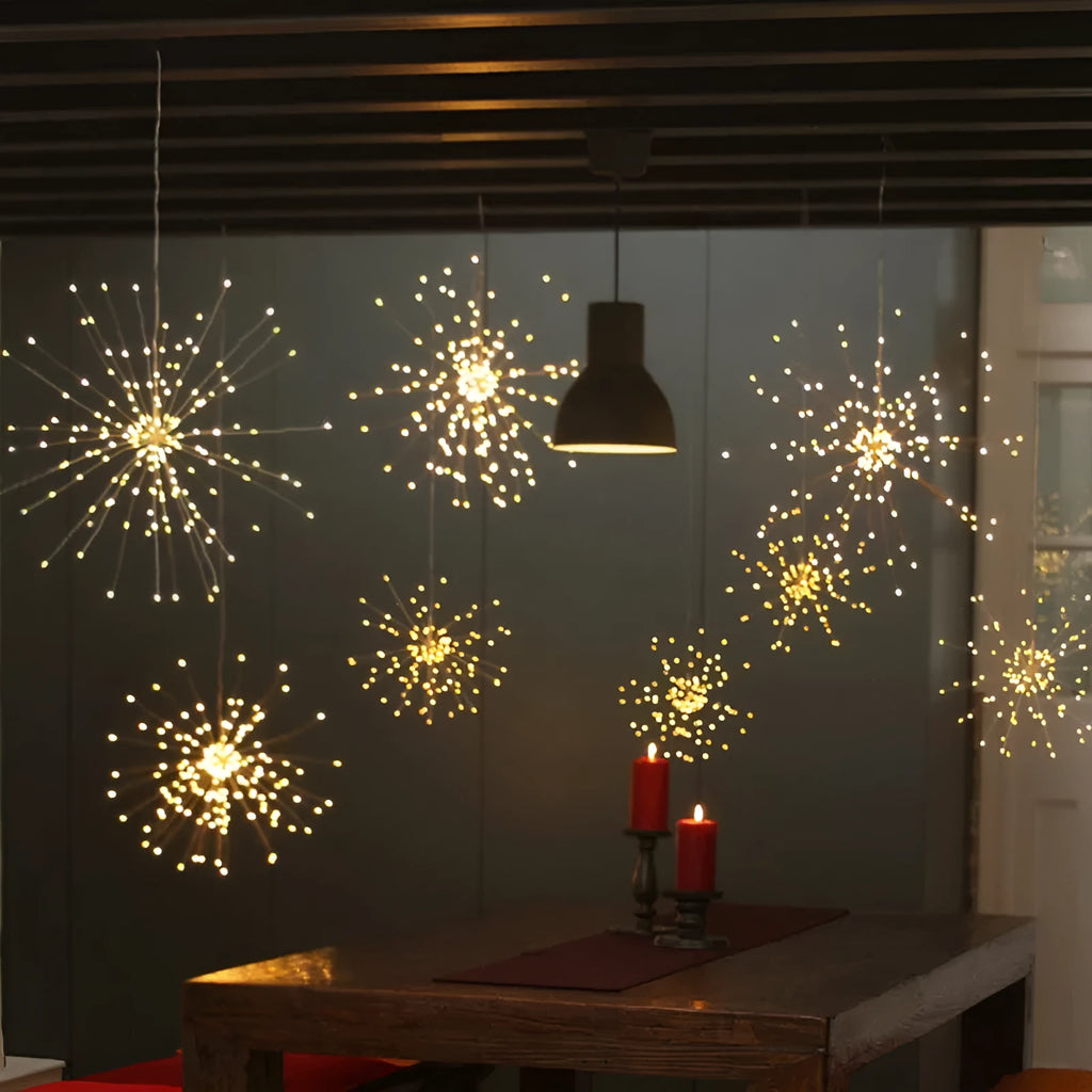 Solar-powered LED meteor shower light with warm-colour starry decoration for indoor and outdoor use