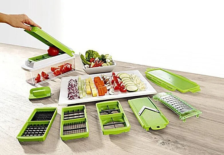 Green 12-piece multifunctional vegetable chopper set with stainless steel blades, manual handheld design, on kitchen countertop