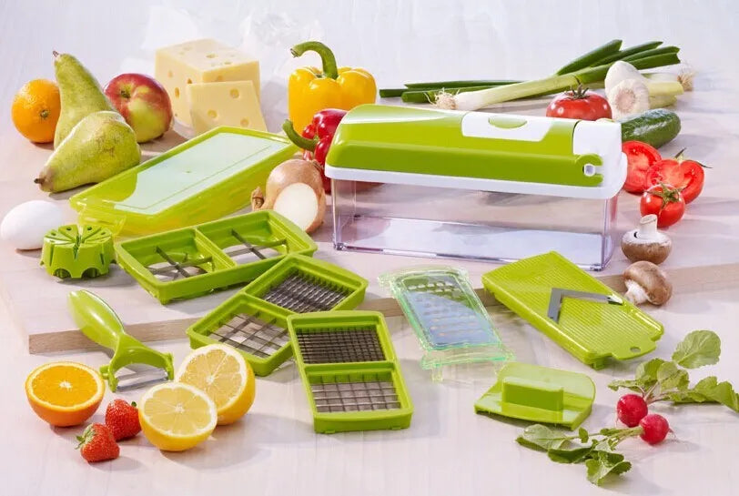 Green 12-piece multifunctional vegetable chopper set with stainless steel blades, manual handheld design, on kitchen countertop