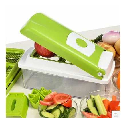 Green 12-piece multifunctional vegetable chopper set with stainless steel blades, manual handheld design, on kitchen countertop
