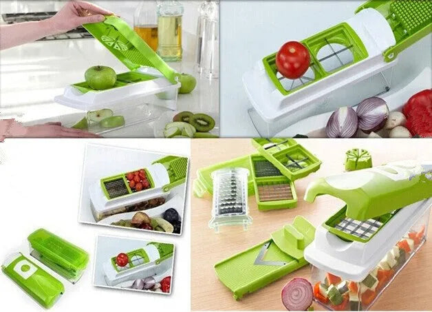 Green 12-piece multifunctional vegetable chopper set with stainless steel blades, manual handheld design, on kitchen countertop
