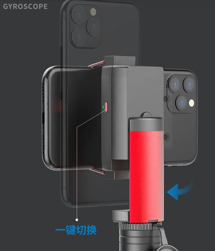 Black aluminium video stabiliser tripod extended to full height with iPhone mounted in clamp