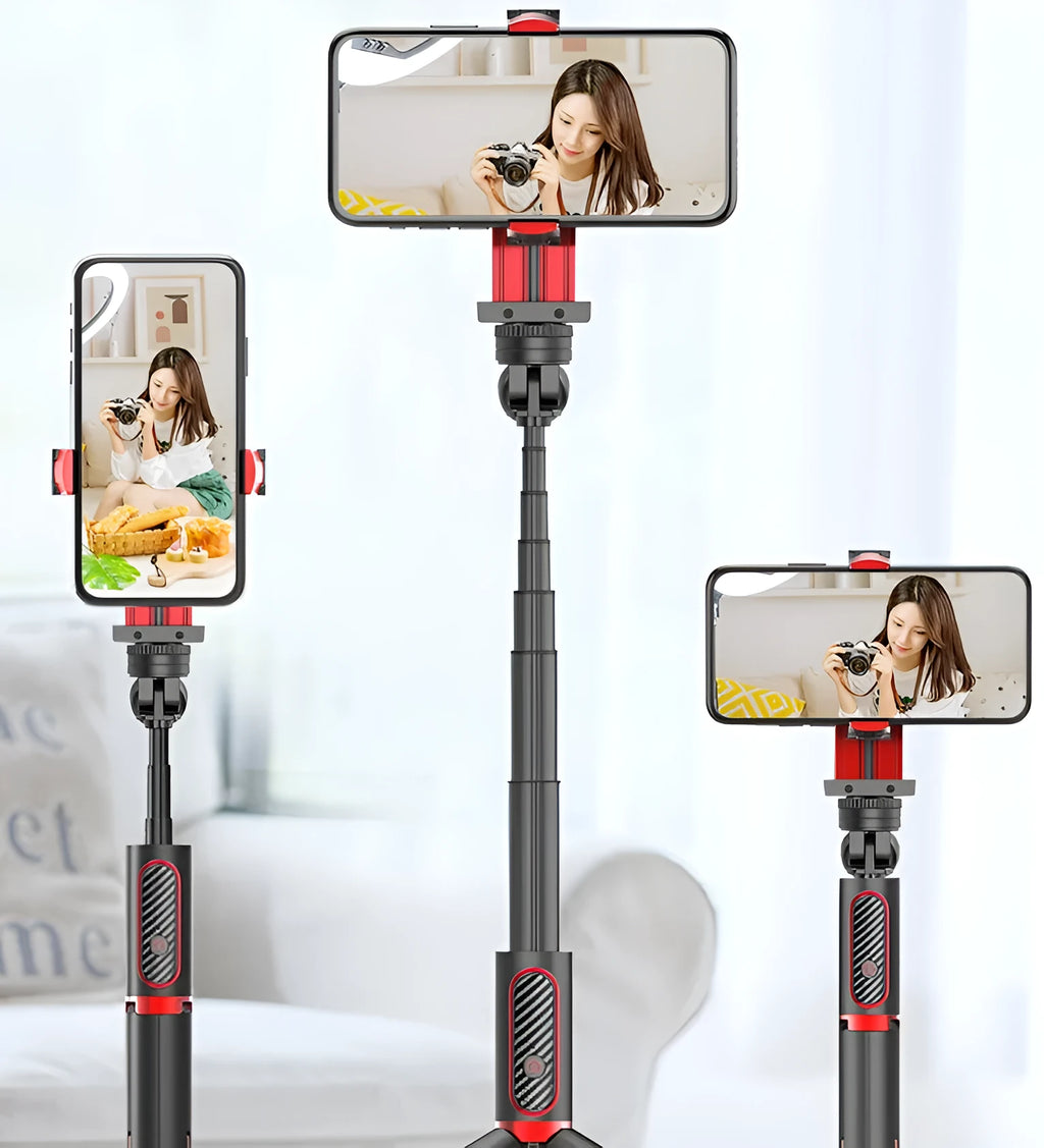 Black aluminium video stabiliser tripod extended to full height with iPhone mounted in clamp