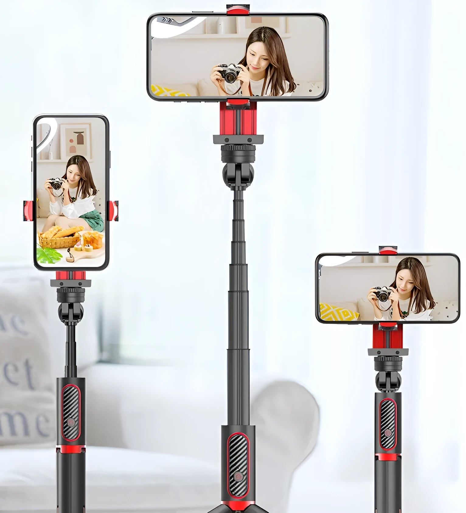 Black aluminium video stabiliser tripod extended to full height with iPhone mounted in clamp
