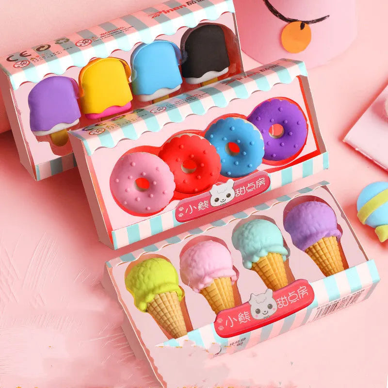 Three sets of cartoon food-shaped erasers for kindergarten children including ice cream cones, doughnuts, and lollipops