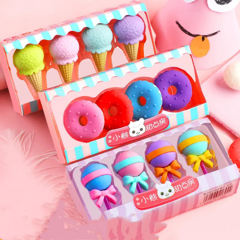 Three sets of cartoon food-shaped erasers for kindergarten children including ice cream cones, doughnuts, and lollipops