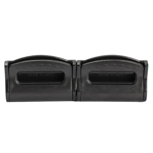 Pack of two black ABS plastic seat belt clips model SD-1401 in blister cardboard packaging