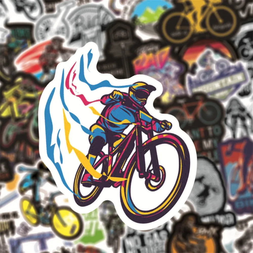 Sheet of 50 colourful bicycle and mountain bike doodle stickers for notebooks and laptops