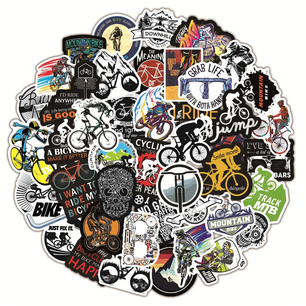 Sheet of 50 colourful bicycle and mountain bike doodle stickers for notebooks and laptops