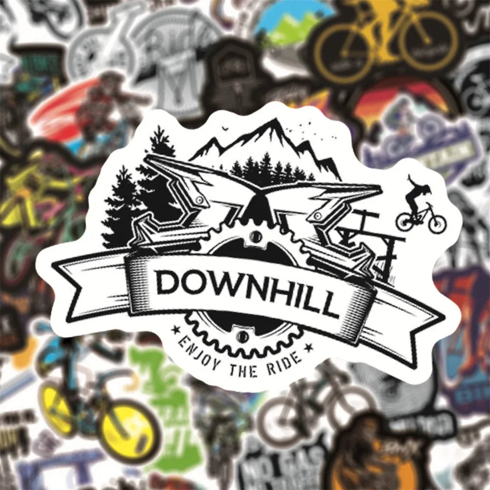 Sheet of 50 colourful bicycle and mountain bike doodle stickers for notebooks and laptops