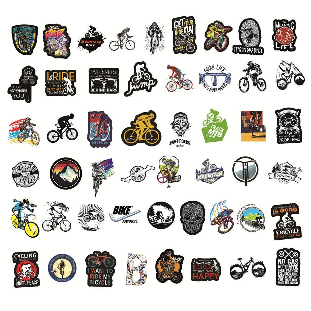 Sheet of 50 colourful bicycle and mountain bike doodle stickers for notebooks and laptops