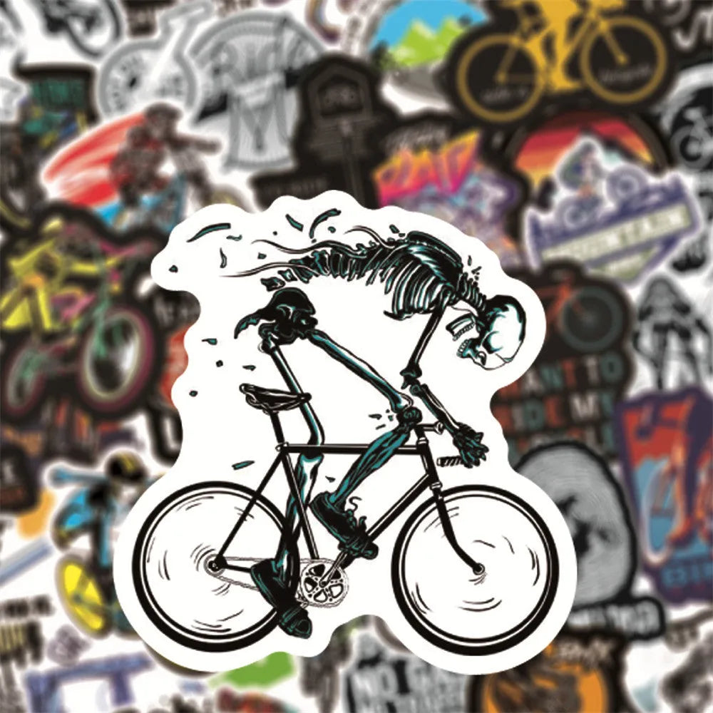 Sheet of 50 colourful bicycle and mountain bike doodle stickers for notebooks and laptops