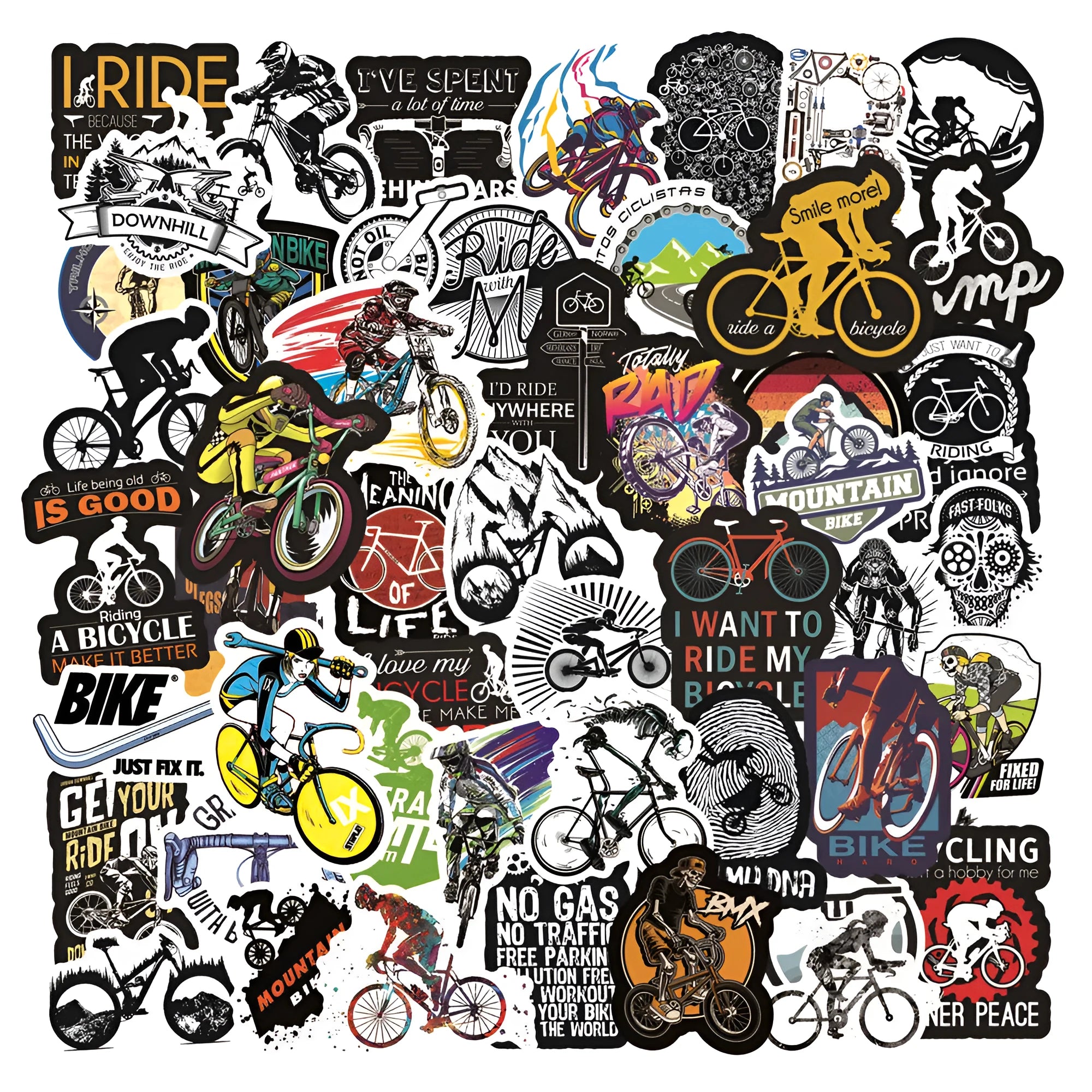 Sheet of 50 colourful bicycle and mountain bike doodle stickers for notebooks and laptops
