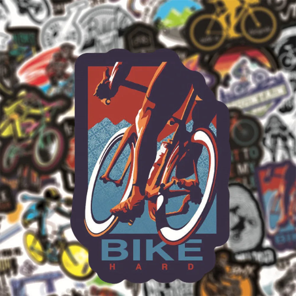 Sheet of 50 colourful bicycle and mountain bike doodle stickers for notebooks and laptops