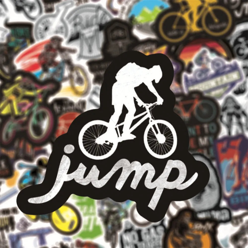 Sheet of 50 colourful bicycle and mountain bike doodle stickers for notebooks and laptops