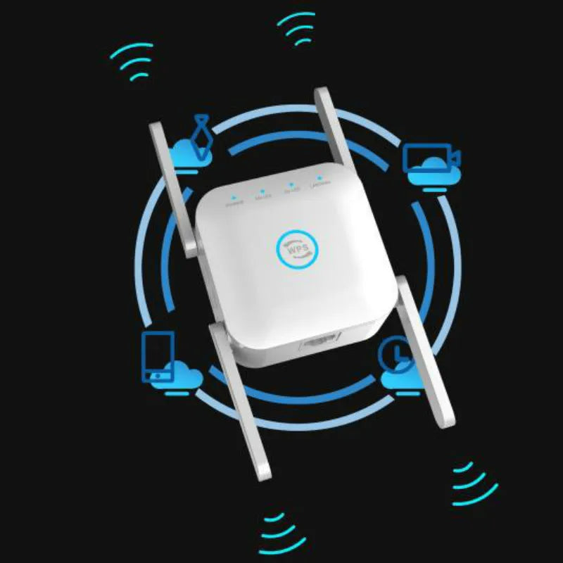 Pixlink AC24 dual frequency wireless WiFi extender in white with lightning protection and UK power plug