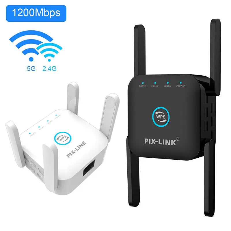 Pixlink AC24 dual frequency wireless WiFi extender in white with lightning protection and UK power plug