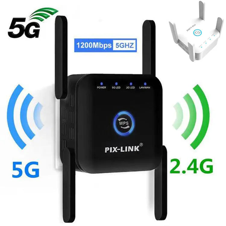 Pixlink AC24 dual frequency wireless WiFi extender in white with lightning protection and UK power plug